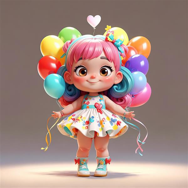 دختر کارتونی شاد با موهای صورتی و آبی و لباس طرح‌دار، احاطه شده با بادکنک‌ها و روبان‌ها