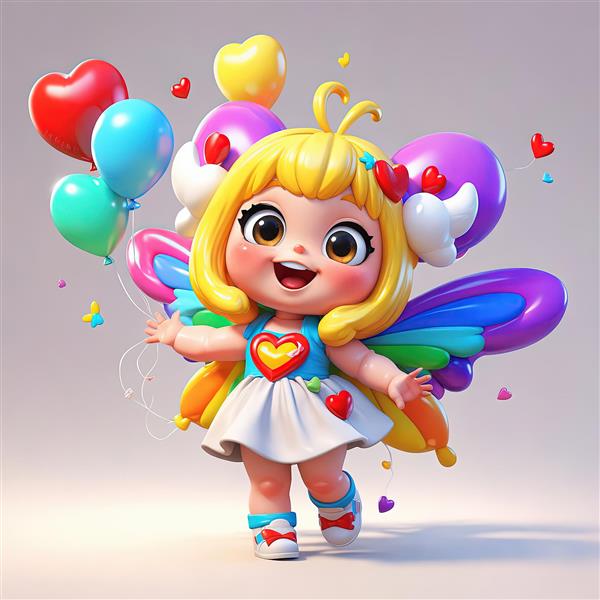 عروسک دخترانه پری پروانه‌ای مو طلایی با بال‌های رنگین کمانی و بادکنک‌های قلبی متنوع