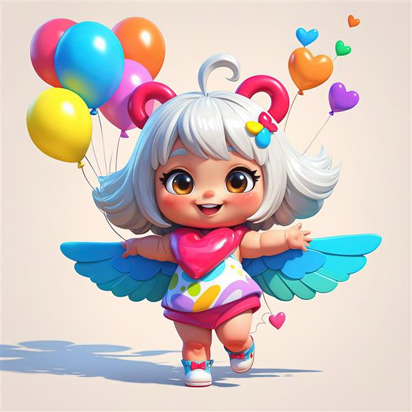 دختر بچه پرنده با بال‌های آبی و شاخک‌های صورتی، در حال پرواز با بادکنک‌های شاد