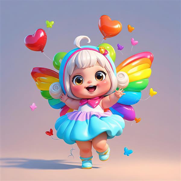 تصویر سه‌بعدی پری پروانه با موهای سفید و بال‌های رنگین کمانی، مناسب تابلو و پوستر