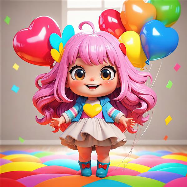 پوستر دختر فانتزی مو صورتی با ژاکت آبی و قلب زرد، در اتاق روشن با کفپوش رنگی