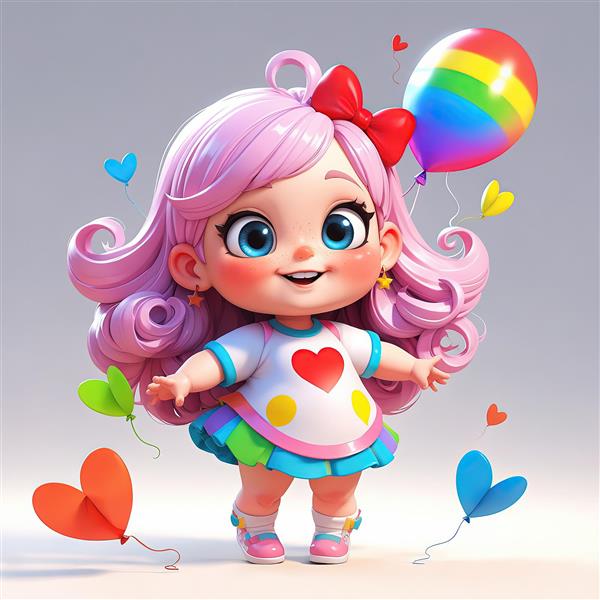 دختر کارتونی با موهای صورتی فر و پاپیون بزرگ، با بادکنک رنگین کمانی و قلب‌های فانتزی