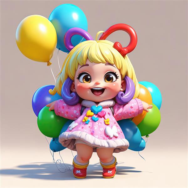 تصویر اورجینال دختر شاد با لباس صورتی خالدار و موهای بلند بلوند و بادکنک‌های جشن
