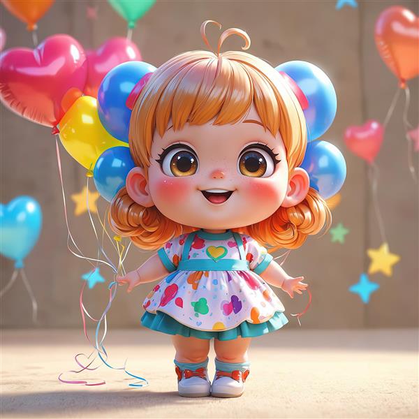 تصویر سه‌بعدی دختر بچه با موی نارنجی و لباس خالدار با بادکنک‌های قلبی شکل و ستاره