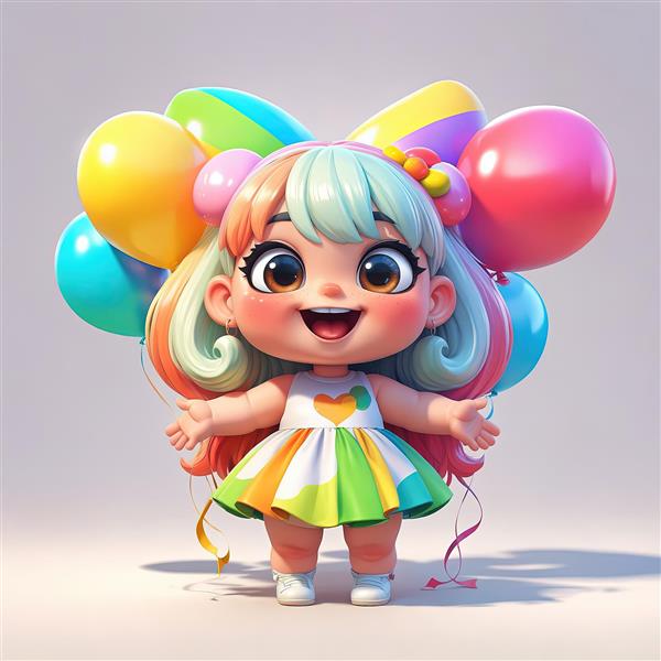 پوستر عروسک دخترانه کارتونی با موهای رنگین کمانی و بادکنک‌های شاد، مناسب دکور اتاق کودک