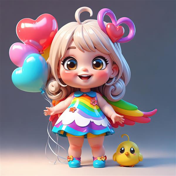 دختر فانتزی مو بلوند با بال رنگین کمانی و جوجه کارتونی کوچک، با بادکنک‌های قلبی