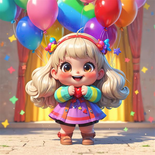 دختر کارتونی با لباس بنفش و ژاکت رنگی در محیط داخلی با پرده‌های مجلل و بادکنک