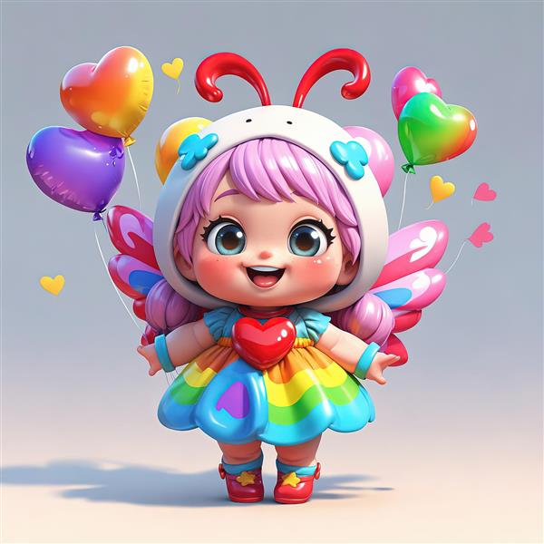 تصویر فانتزی دختر بچه با کلاه پروانه‌ای و لباس رنگین کمانی، مناسب تابلوهای اتاق کودک