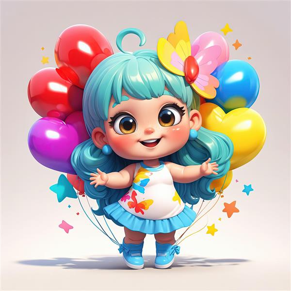 دختر کارتونی با موهای فیروزه‌ای و پروانه تزئینی، در میان بادکنک‌ها و ستاره‌های رنگی