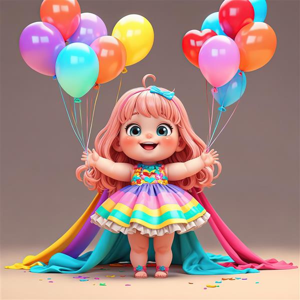 طرح دکوراتیو دختر شاد با موهای مواج و بادکنک‌های جشن در پس‌زمینه پارچه‌های رنگین کمانی