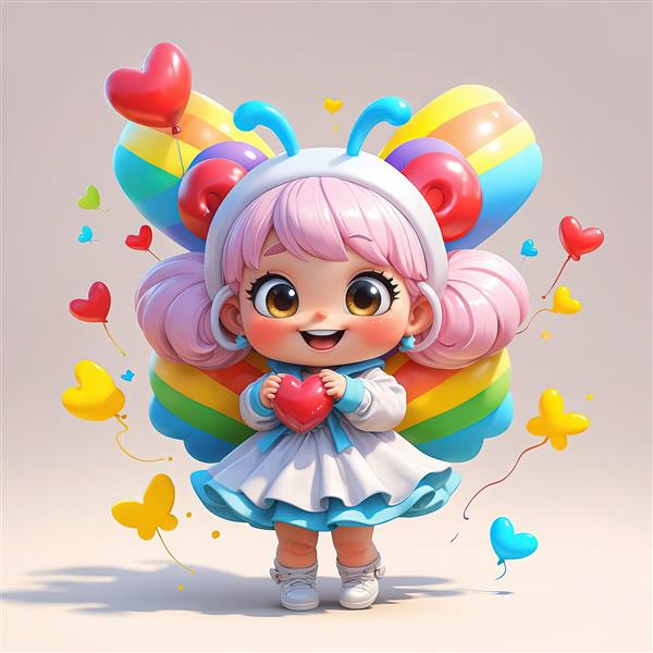 عروسک دخترانه با کلاه و بال پروانه و قلب در دست، تصویر سه‌بعدی کودکانه با کیفیت بالا