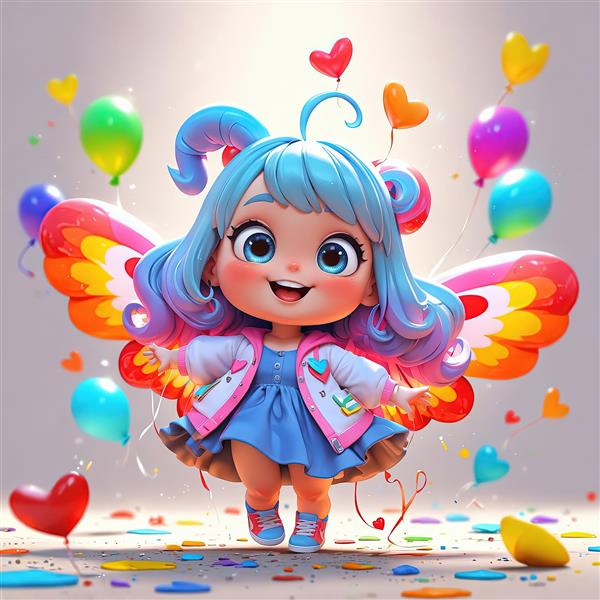 پوستر دختر کارتونی پری پروانه‌ای با کاپشن صورتی و موهای آبی آمبره، مخصوص چاپ دکوراتیو