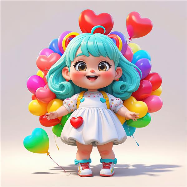 تصویر اورجینال دختر بچه بامزه با موهای فیروزه‌ای و حجم عظیمی از بادکنک‌های قلبی شکل