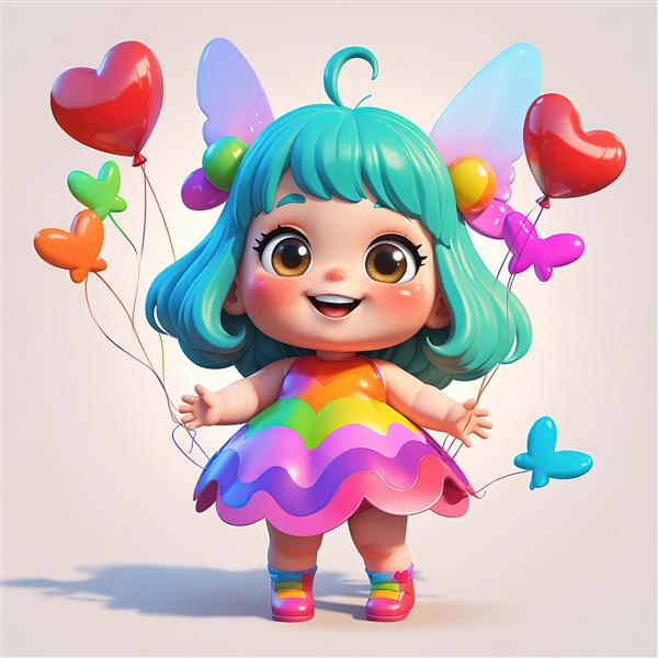 دختر کارتونی پری شاد با لباس رنگین کمانی و بال، و بادکنک‌های قلبی شکل فانتزی