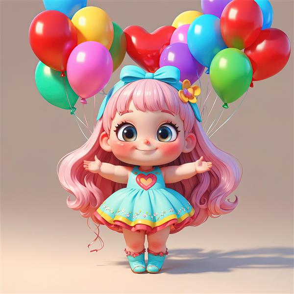 عروسک دختر ناز با موهای صورتی و لباس آبی و بادکنک‌های جشن، طرح چاپ عریض