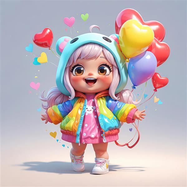 تصویر فانتزی دختر شاد با هودی خرسی و ژاکت رنگارنگ با بادکنک‌های قلبی، طرح پوستر