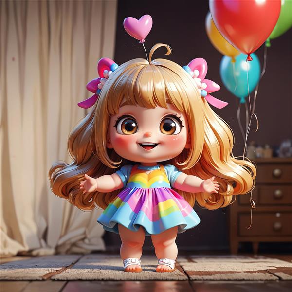 عروسک دخترانه با موهای بلند و لباس رنگارنگ در دکوراسیون داخلی، تصویر دکوراتیو و باکیفیت