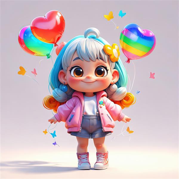 دختر کارتونی جذاب با کاپشن صورتی و بادکنک‌های رنگین کمانی و پروانه‌های فانتزی