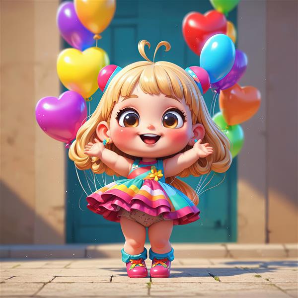 تصویر سه‌بعدی دختر شاد با دامن رنگین کمانی و بادکنک‌های قلبی در فضای باز، مناسب تابلوی کودک