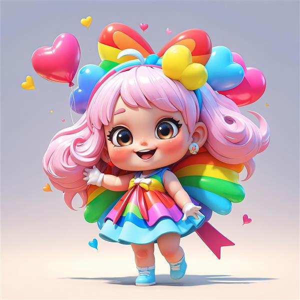 عروسک دختر ناز با پاپیون بزرگ و بادکنک‌های رنگین کمانی قلبی، تصویر اورجینال دکوراتیو