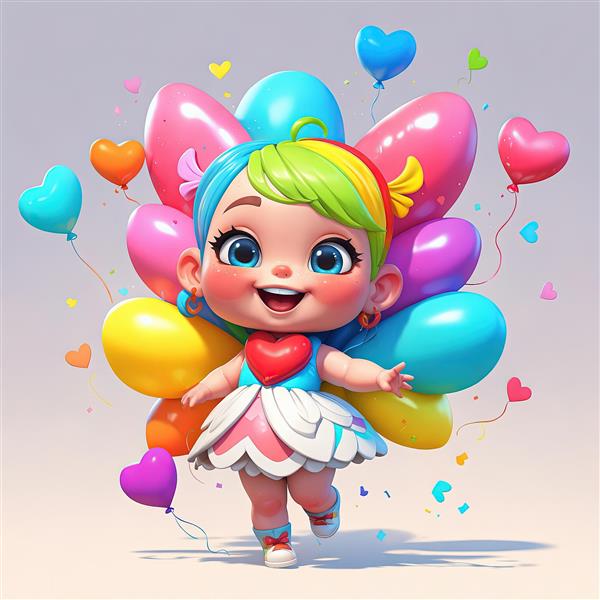 پوستر فانتزی کودک: دختر شاد با موهای رنگین کمانی و بادکنک‌های قلبی و تخم مرغی