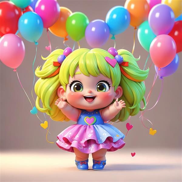 تصویر کارتونی سه‌بعدی دختر بچه شاد با موهای نئونی و بادکنک‌های متنوع، طرح پوستر اتاق کودک