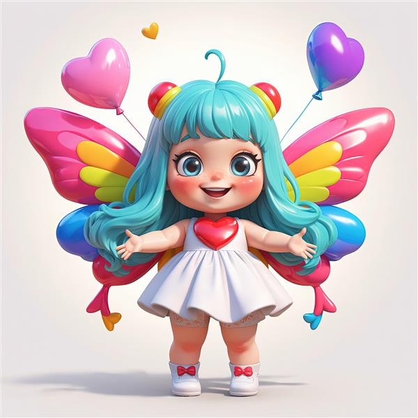تصویر فانتزی عروسک دخترانه پری پروانه ای با موهای آبی و بادکنک‌های قلبی، مخصوص چاپ دکوراتیو