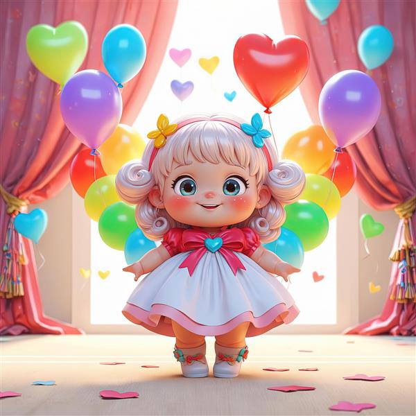 عروسک دخترانه کارتونی در اتاق جشن با بادکنک‌های رنگی، مناسب دکوراسیون و پوستر کودک