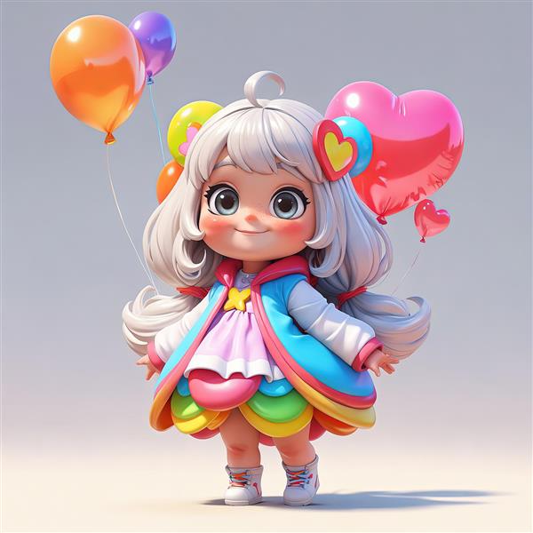 عروسک چیبی دختر بچه با موی نقره‌ای و بادکنک‌های قلب صورتی مناسب چاپ روی شاسی