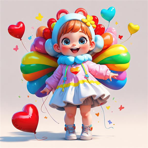 تصویر سه بعدی دختر بچه با لباس سفید و بال‌های بادکنکی رنگین‌کمان برای تم تولد