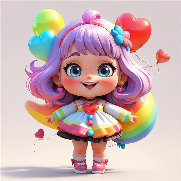 تصویر سه‌بعدی دختر بچه چیبی با موی بنفش و لباس رنگین‌کمانی برای پوستر اتاق کودک و مهدکودک