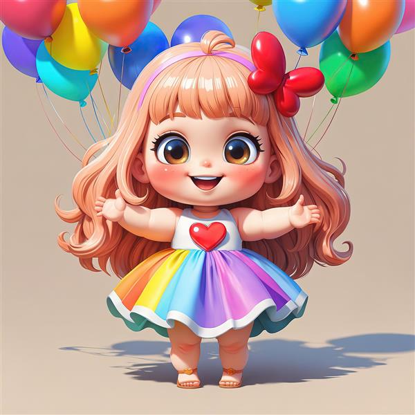 عروسک چیبی دختر شاد با دامن رنگین‌کمان و بالون‌های جشن مناسب بک‌گراند و چاپ
