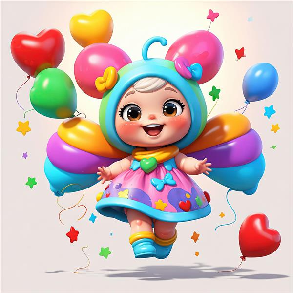 طرح گرافیکی دختر بچه بالنی با بال‌های رنگین‌کمان و لباس جشن تولد برای تابلو