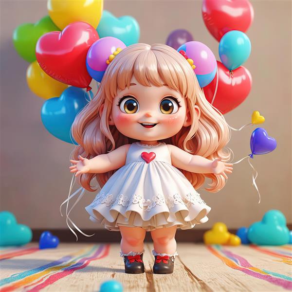 تصویر اورجینال دختر بچه با موی کاهی و بادکنک‌های قلبی برای چاپ پوستر و دکور لارج فرمت