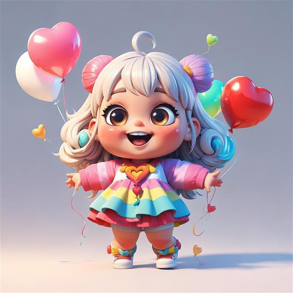 تصویر سه‌بعدی دختر بچه بامزه با بادکنک‌های قلب و لباس رنگین‌کمانی برای تابلوی اتاق کودک