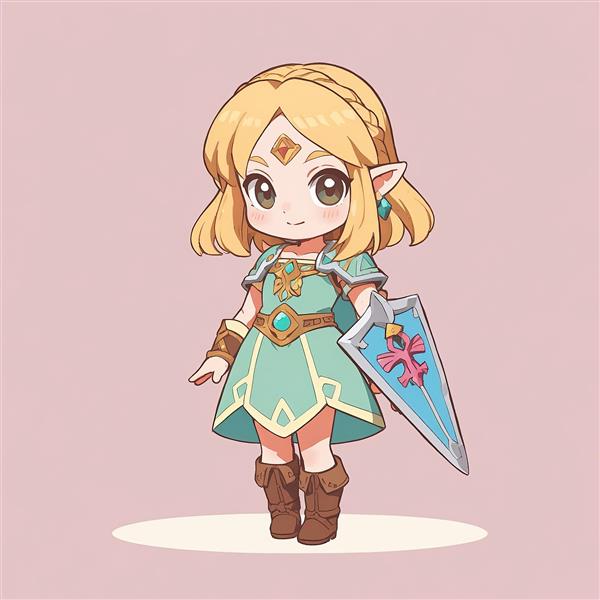 کارتون زلدا با سپر هیلین در سبک چیبی برای تابلوی دکوری اتاق گیم