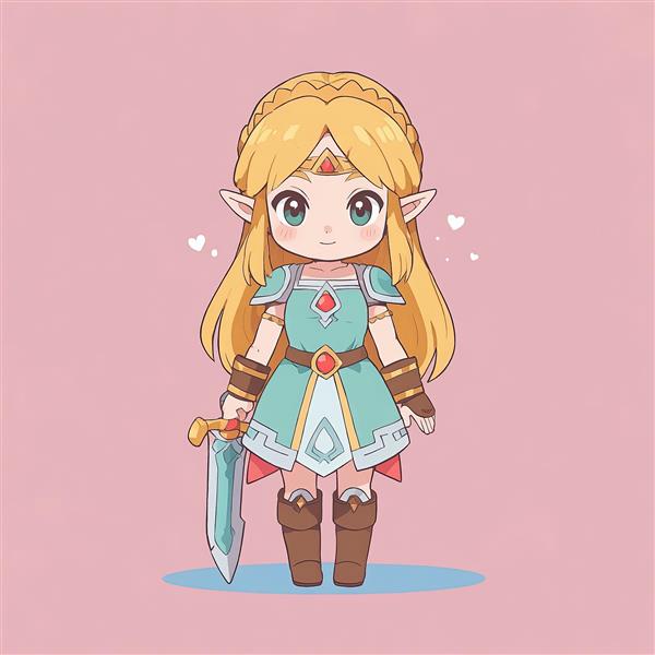 پرنسس زلدا چیبی با شمشیر فانتزی و لباس جنگی کیوت مناسب چاپ برگردان