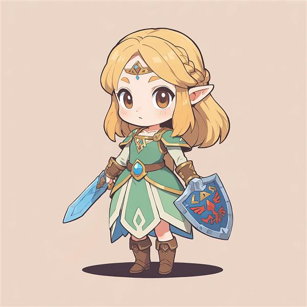 پرنسس زلدا جنگجو در لباس سبز با شمشیر و سپر بازی افسانه زلدا در سبک چیبی