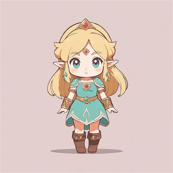 پرتره تمام قد زلدا چیبی بدون سلاح در لباس آبی و طلایی برای بک‌گراند و طرح خام