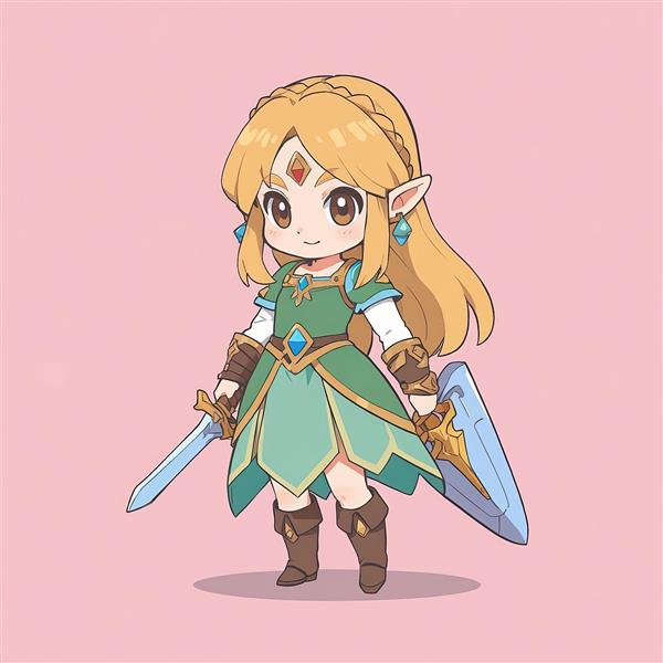 تصویر باکیفیت پرنسس زلدا چیبی با شمشیر و سپر برای چاپ لارج فرمت و دکور بوم