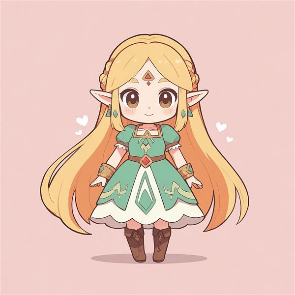 طرح گرافیکی پرنسس زلدا کیوت با موهای بلند و لباس فانتزی سبز برای تابلوی اتاق گیمر
