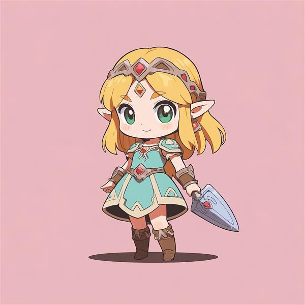 چیبی پرنسس زلدا در لباس جنگی با سپر کوچک مناسب چاپ روی شاسی و پوستر