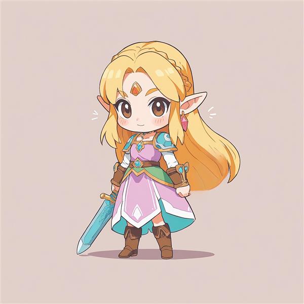 پرنسس زلدا با شمشیر و لباس جنگجوی صورتی سبک چیبی از نینتندو برای دکور گیمینگ