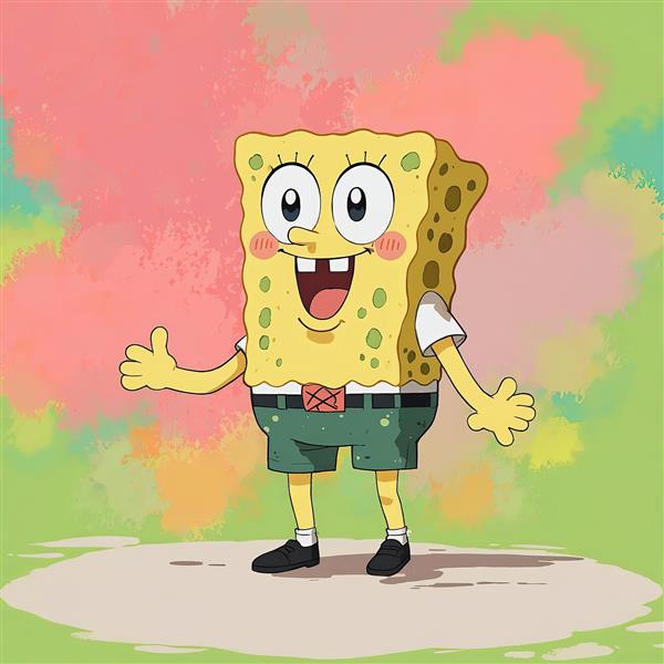 طرح گرافیکی باب اسفنجی شلوارمکعبی شاد و خندان با پس‌زمینه آبرنگی