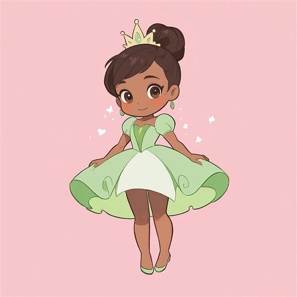 پرنسس تیانا کیوت با لباس سبز در سبک چیبی برای چاپ روی محصولات دکوراتیو