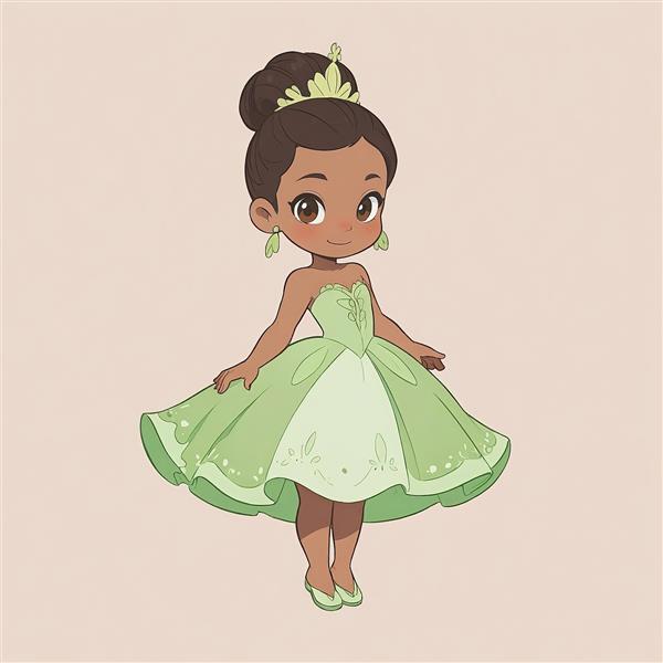 شاهزاده تیانا چیبی دیزنی در لباس مجلسی سبز برای طراحی پوستر اتاق کودک