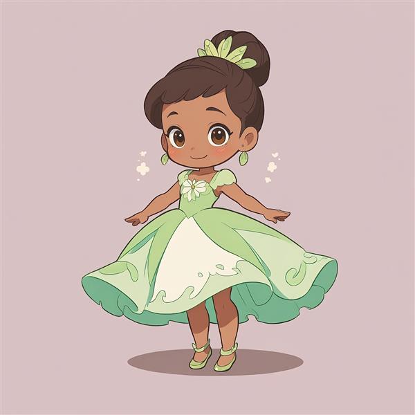 شاهزاده تیانا در لباس سبز و طرح گلبرگ برای چاپ پوستر