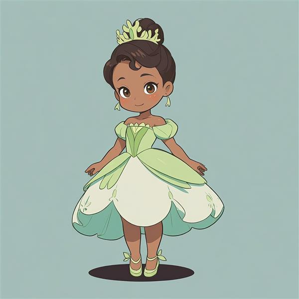 پرنسس تیانا دیزنی در لباس کلاسیک سبز و سفید سبک چیبی برای اتاق کودک و مهدکودک