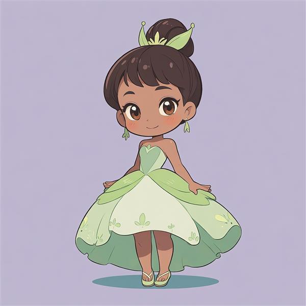 طرح گرافیکی چیبی پرنسس تیانا با پس‌زمینه بنفش برای چاپ روی بوم نقاشی