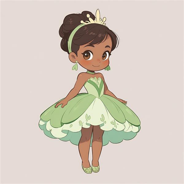 شاهزاده تیانا چیبی در لباس پرنسسی سبز برای پوستر و دکور اتاق کودک